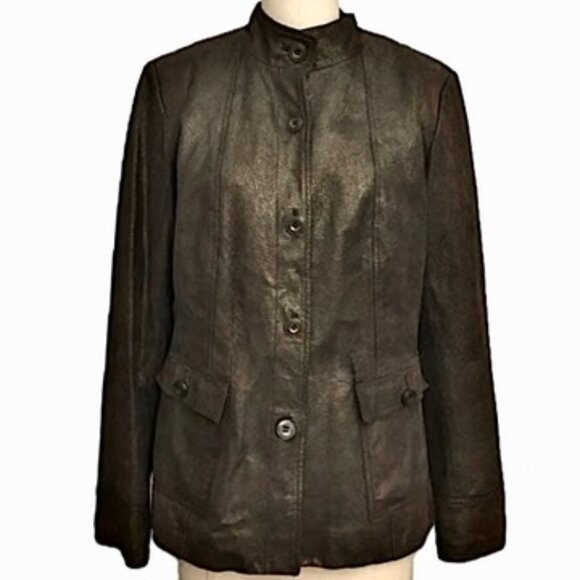 😊Alfani Leather Coat Brown Bronze Lined Jacket Zip Sleeves Pockets Womens Sz M - Picture 9 of 15